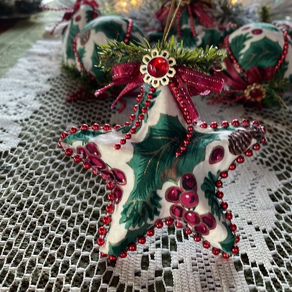 Bejeweled Christmas Ornaments. Fabric with faux jewels, beads and greenery. 15 - Picture 3 of 11